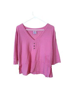 Sea Breeze Womens Pink Cotton Shirt V Neck Top 3/4 Sleeves Medium USA Hand Dyed